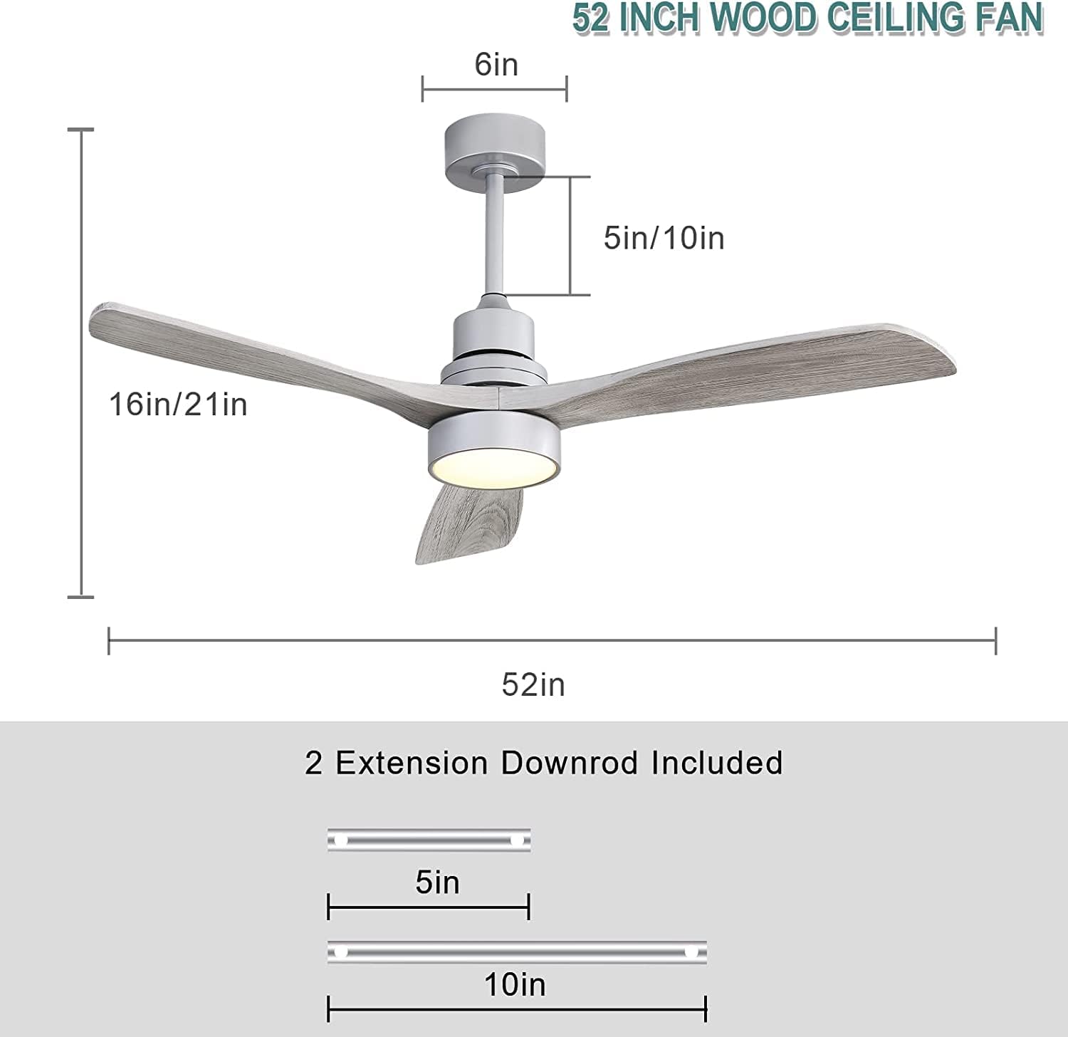 CACI Mall 52" Wood Ceiling Fan with Light and Remote Control, 6-Speed, 2-Timer with Quiet Energy Saving, 3 Blades Ceiling Fan with Remote
