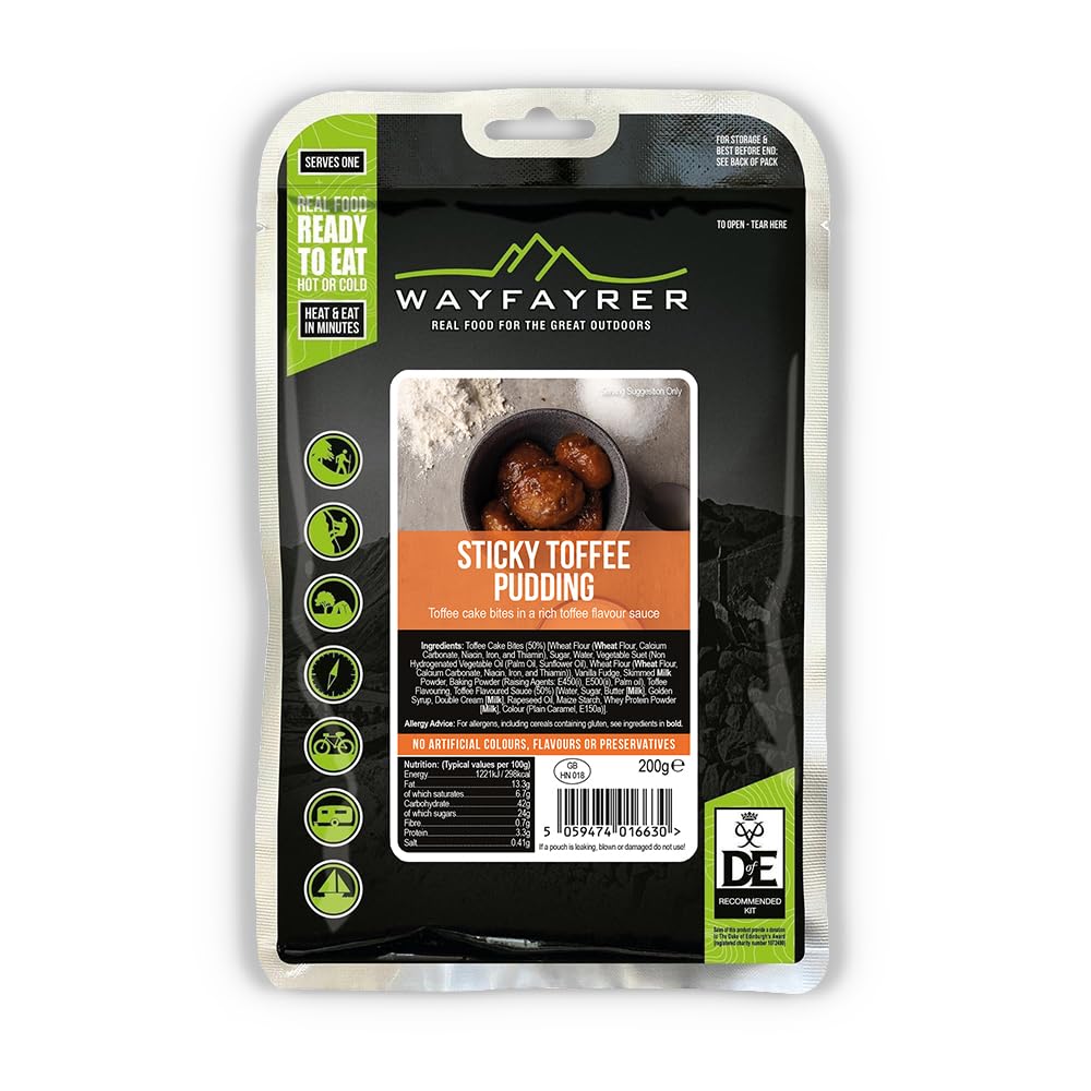 Wayfayrer Camping Food 200g Ready to Eat, Hot or Cold, Meal Pouch | Duke of Edinburgh Recommended Kit | Camping, Hiking, Fishing and Outdoor Adventures (Sticky Toffee Pudding)