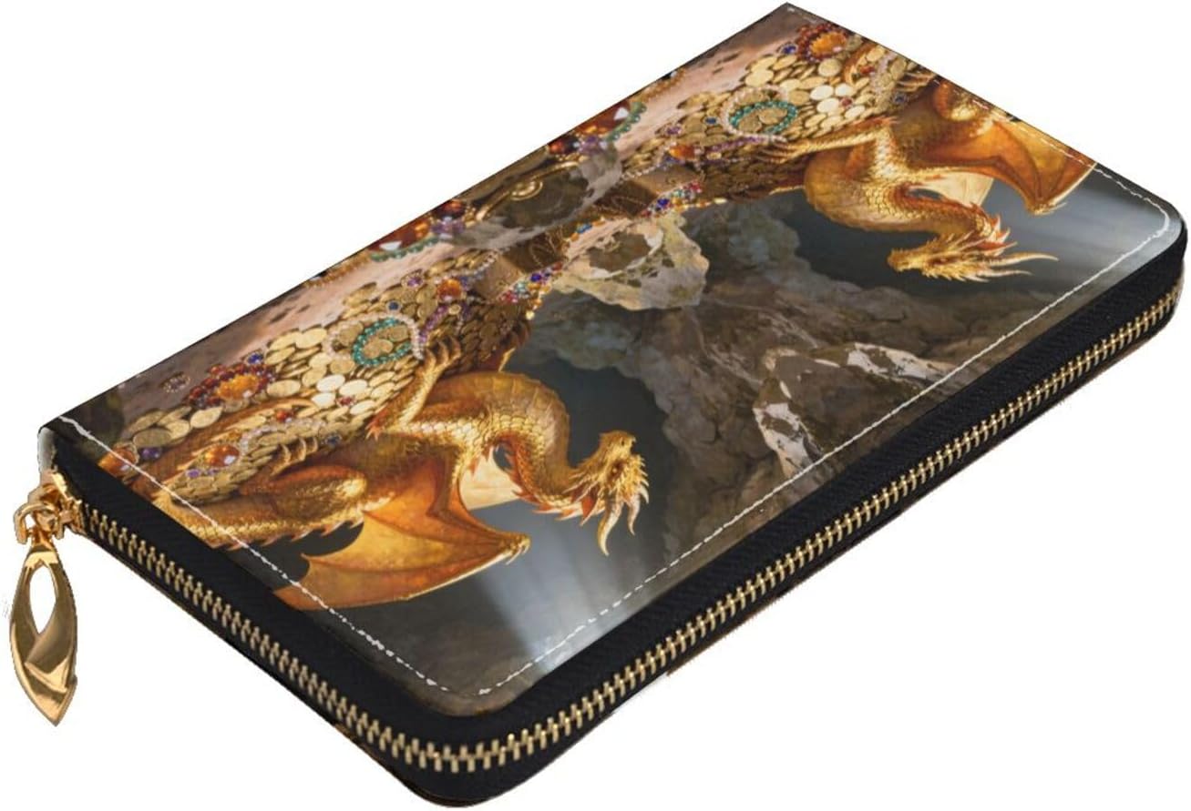 Golden Dragon Pattern Long Zip Around Wallet for Women, Large Capacity RFID Leather Wristlet Wallet with 12 Card Slots Coin Purse, Fashion Clutch Purse with Wrist Strap