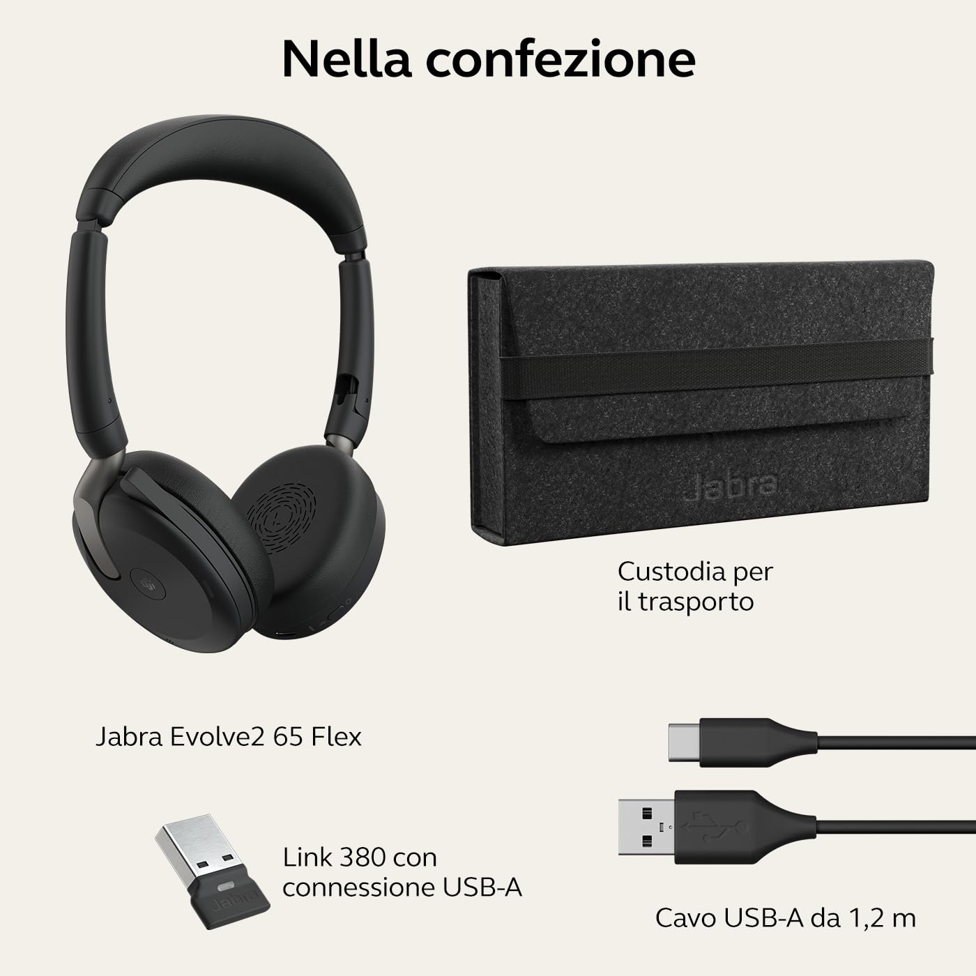 Jabra Evolve 2 65 Flex Cuffie Stereo Wireless Bluetooth, tecnologia di cancellazione del rumore Jabra ClearVoice e ANC ibrida Certificate per MS Teams Nero