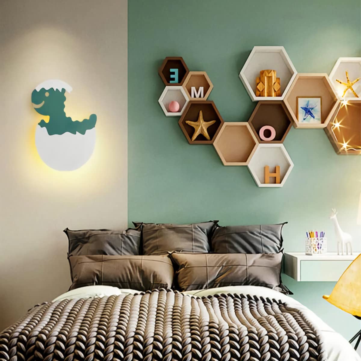 Lámpara De Pared LED De 7W Para Niños, Lámpara De Pared De Dinosaurio Verde Regulable, Luz De Dormitorio Para Niños Y Niñas, Lámpara De Noche Moderna Para Niños, Lámpara De Habitación 3000K-6000K