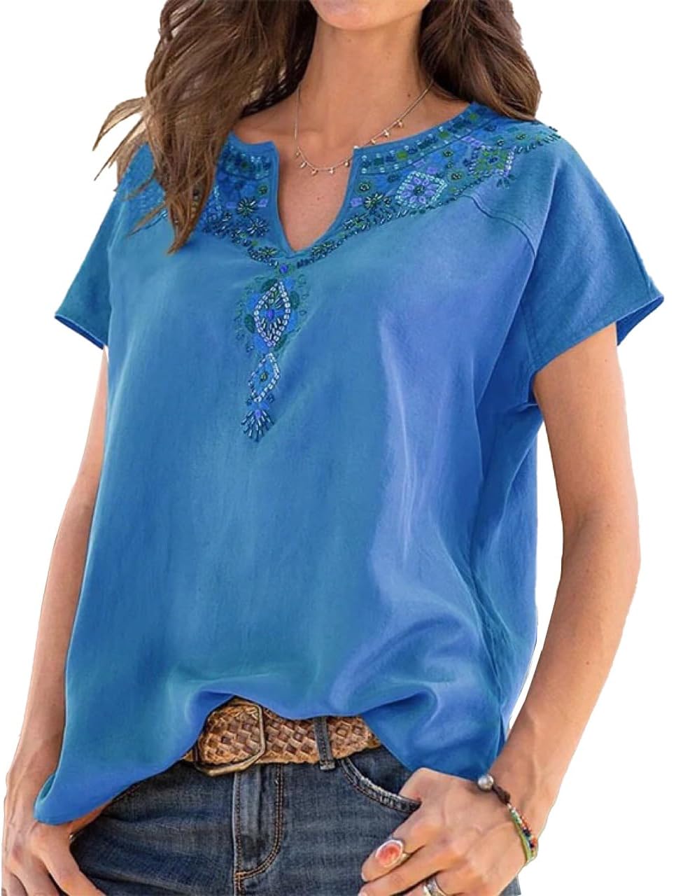 CrownsneyWomens Embroidered Top Blouses Casual Peasant Shirts Short Sleeve Floral Printed Bohemian Tshirts