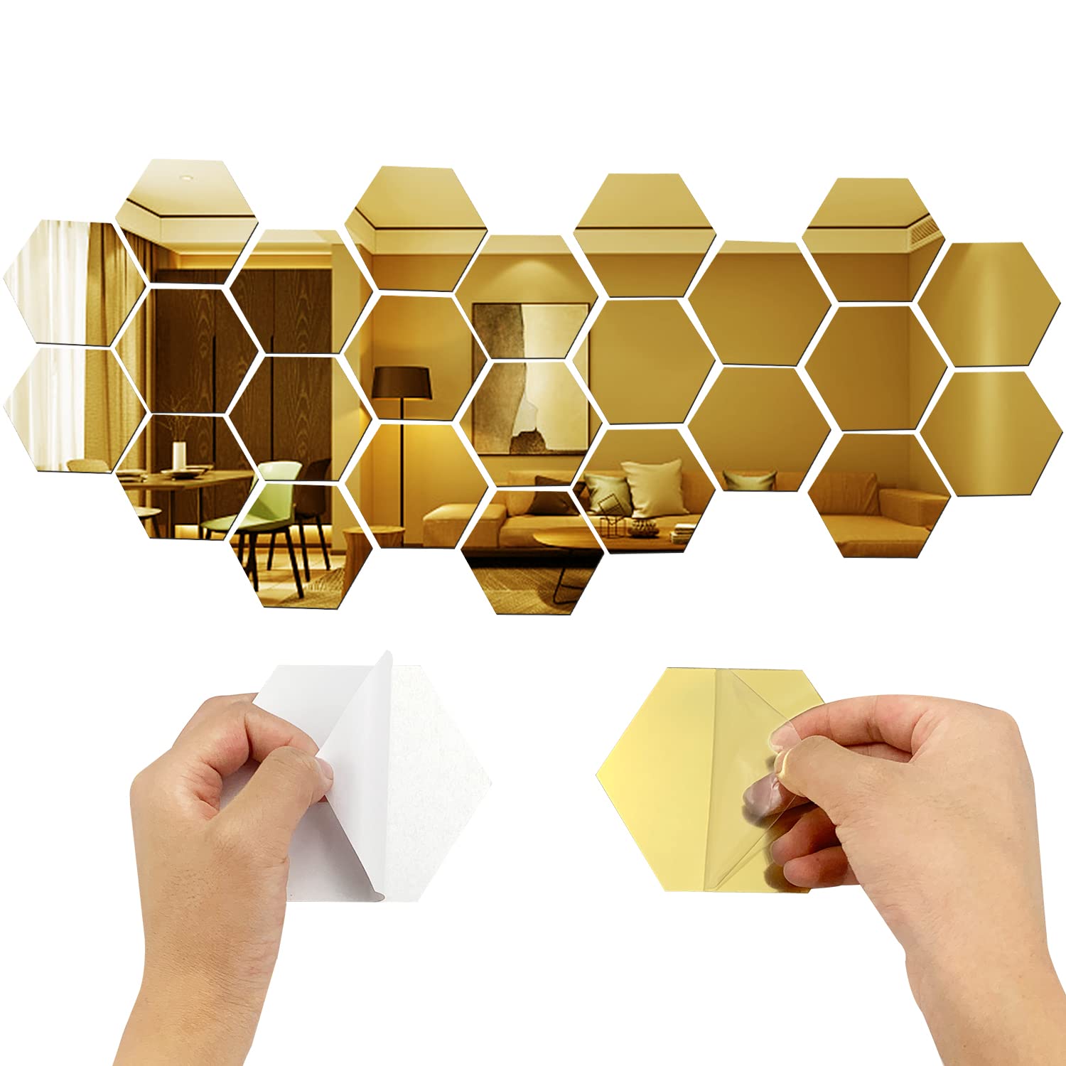 SHUIYUE 24 Pcs Hexagon Acrylic Wall Mirror Sticker, Hexagon Mirror Wall Stickers, For Walls, For Living Room, Bedroom, Home Decoration (Gold)