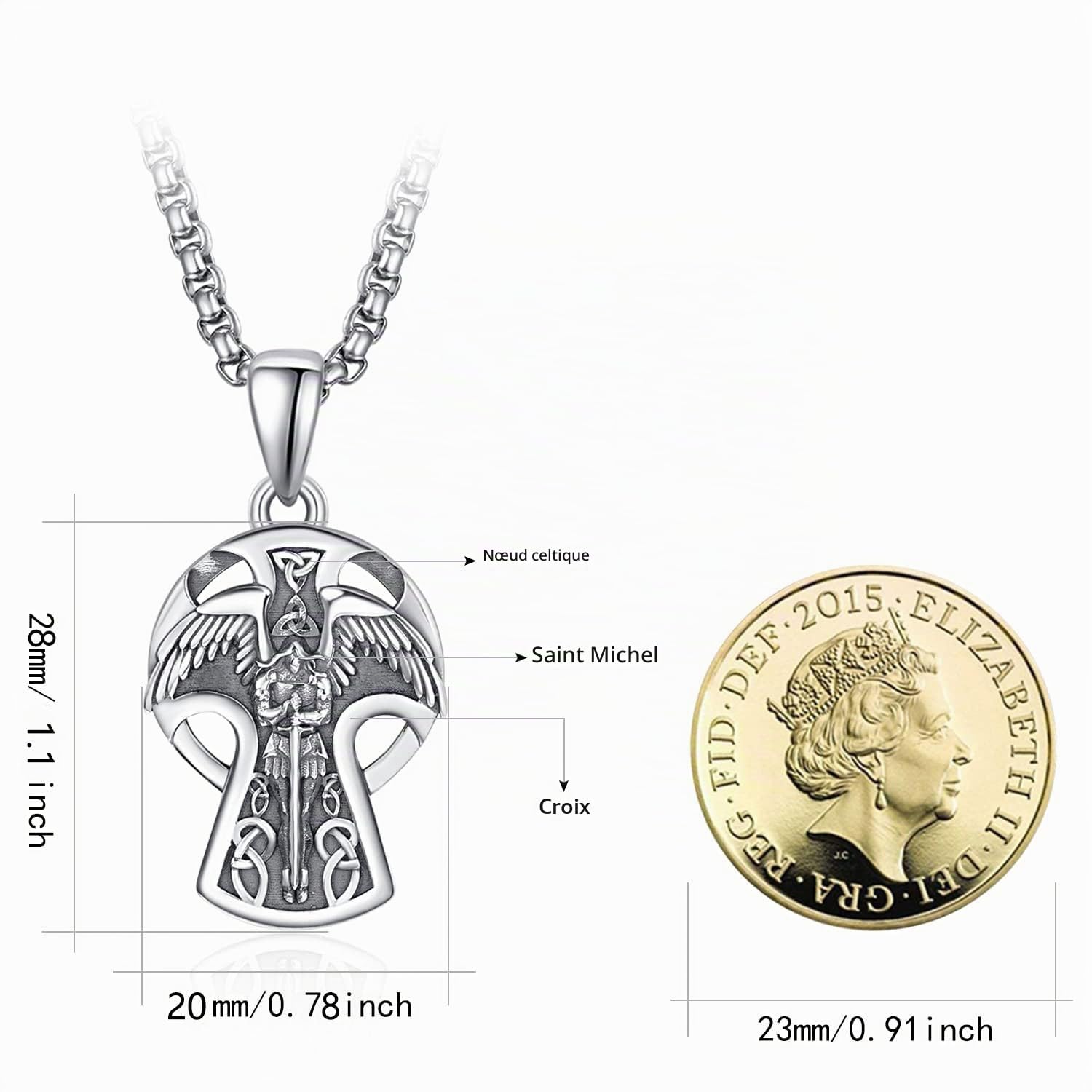 KINGWHYTE Collier Saint Michel en argent massif 925 Collier de croix celtique Saint Michel Archange Pendentif pour homme Pendentif de protection avec chaîne Rolo de 56 cm + 5 cm Eusense Archange