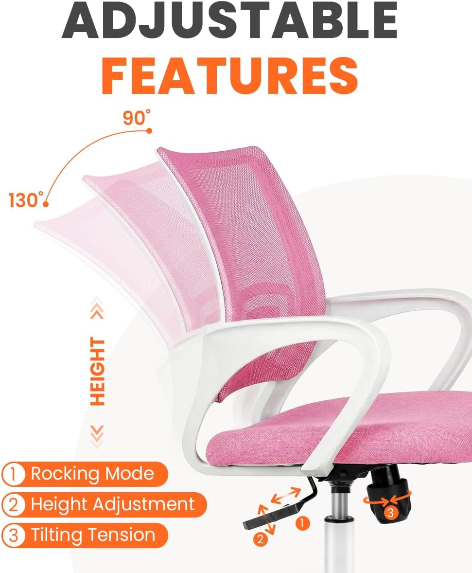 NEO CHAIR Office Desk Computer Chair Ergonomic Mesh Gaming Cushion Seat with Comfy Lumbar Mid Back Support Adjustable Height Swivel Rolling Wheels for Home Task (Pink)