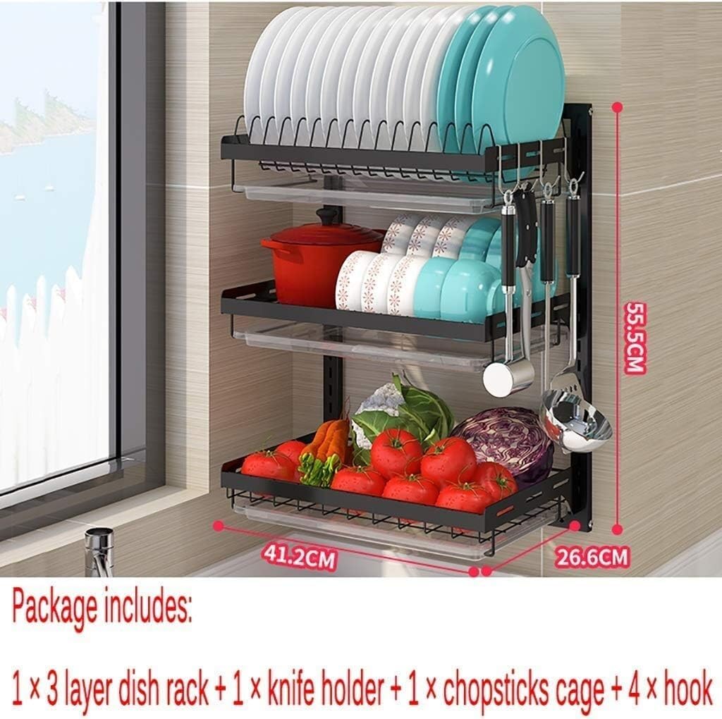 Scolapiatti da Cucina a Parete in Acciaio Inox 201 Nero - 2 Strati/3 Strati