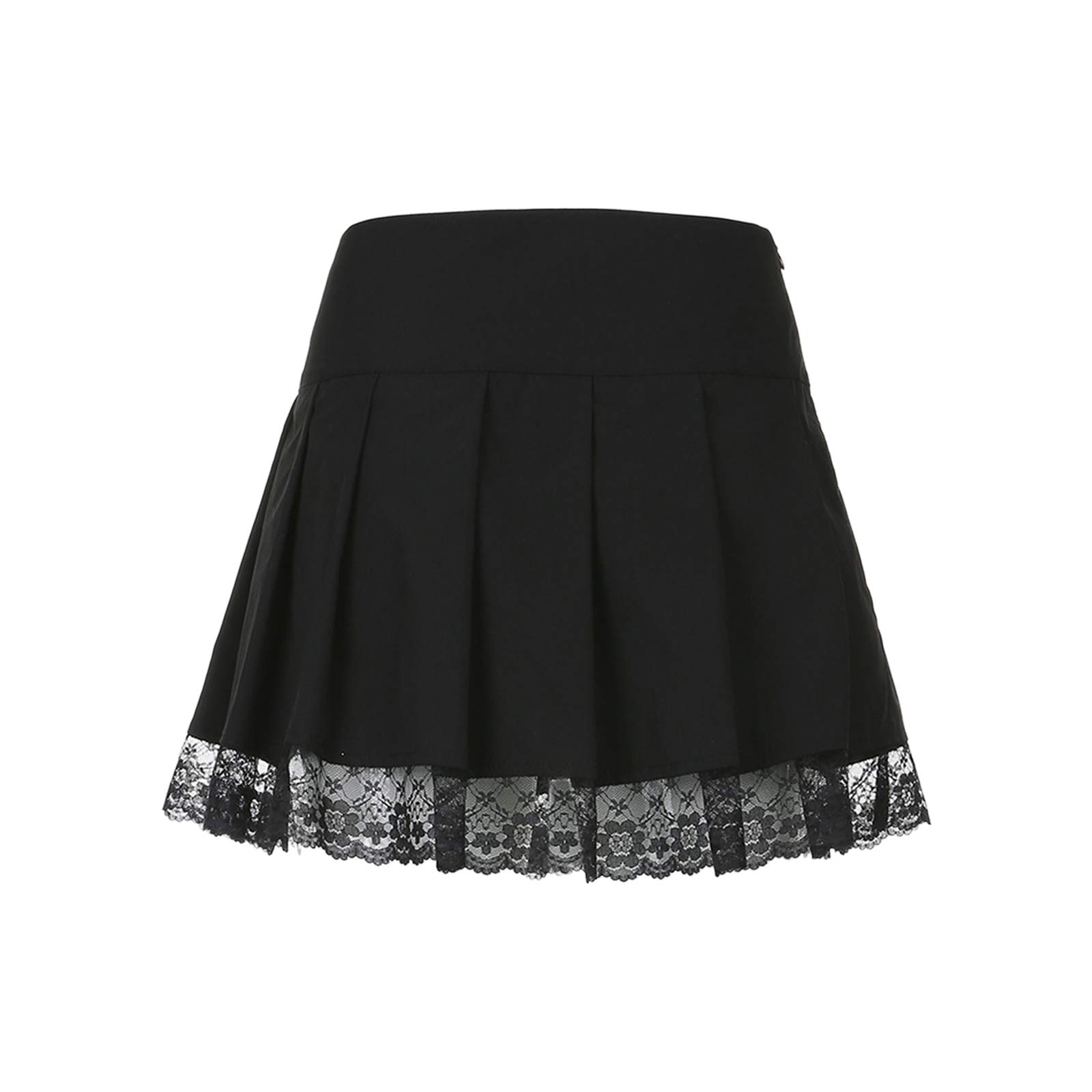 Women Lace Patchwork Mini Pleated Skirts High Waist Lace Up Ruffle Short Skirts Harajuku Goth Skirt: Large Black
