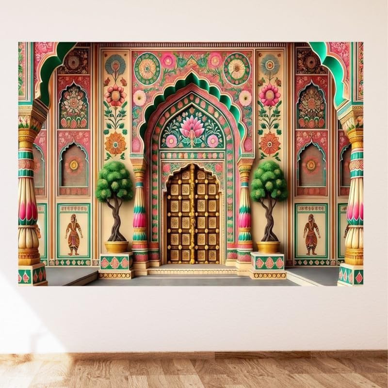 Image of Royal Green Traditional Decorative Backdrop with Floral Motifs and Architectural Design