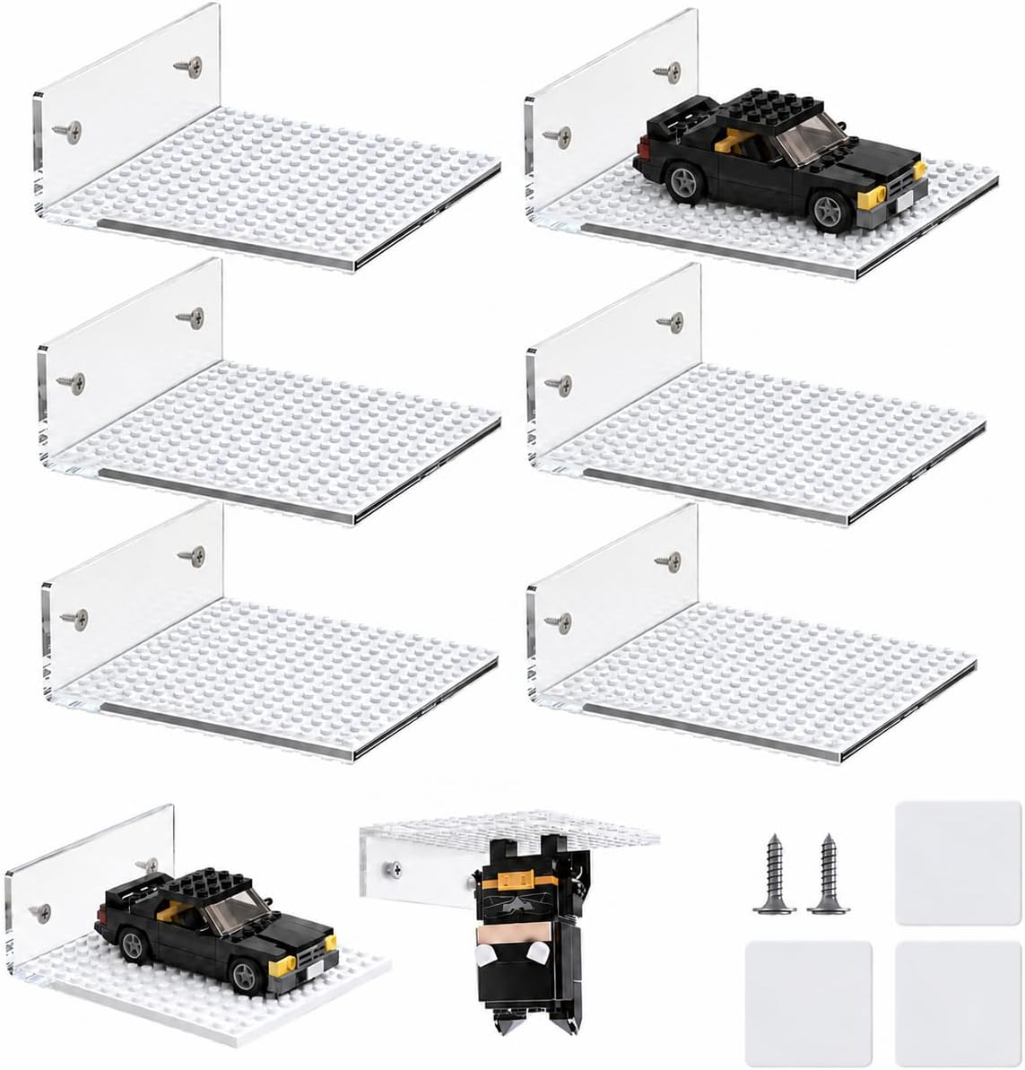 6-Pack Clear Acrylic Floating Shelves for Wall Compatible with Lego Building Bricks, 5.04x5.31inch Dual‑Sided 16x16 Studs for Toy Brick Storage and Display, Acrylic Display Shelves for Room Decor