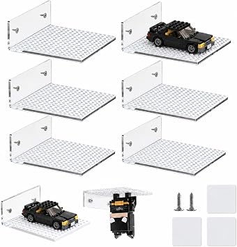 6-Pack Clear Acrylic Floating Shelves for Wall Compatible with Lego Building Bricks, 5.04x5.31inch DualSided 16x16 Studs for Toy Brick Storage and Display, Acrylic Display Shelves for Room Decor