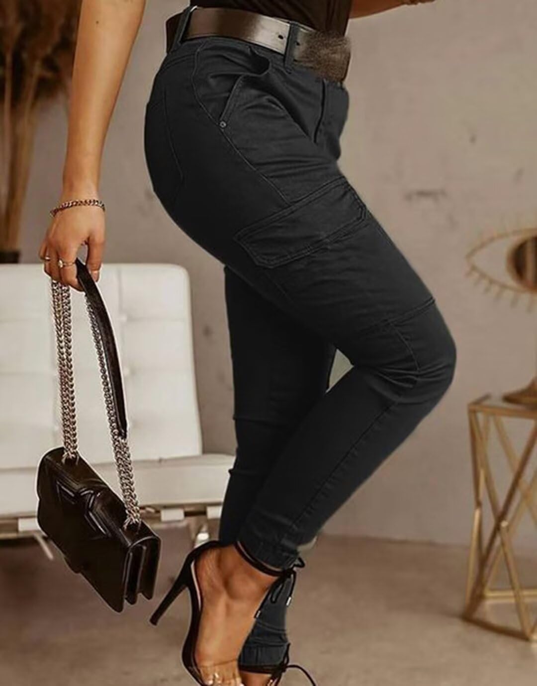 Flamingals Women Cargo Skinny Jogger Slim Fit Pants Multi-Pocket Mid Waist Casual Motorcycle Hiking Pants with 6 Pockets