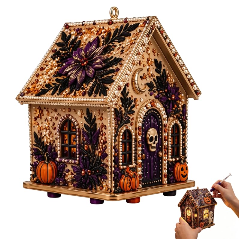 3D Halloween DIY Pearl Art House Kit, Wooden Ghost House Desktop Ornament, Complete Pearl Painting Craft Set for Beginners, Holiday Home Table Decor, Gift for Kids & Craft Lovers，Skull