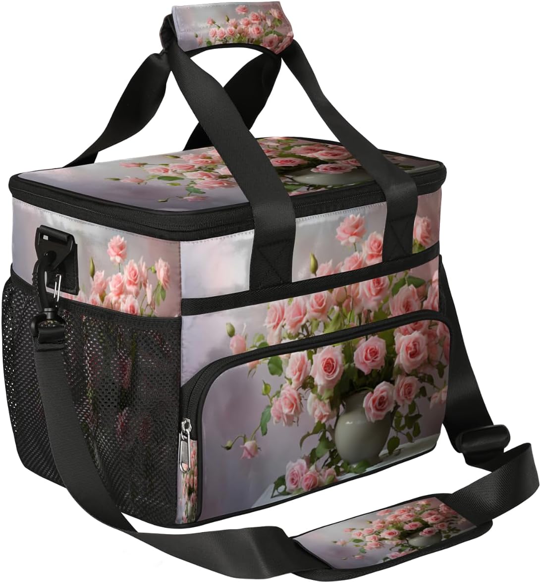 Flowers Insulated Picnic Backpack Lunch Box for Women Men Picnic Basket Tote Lunch Bag Picnic Bag Portable Lunch Bags for Picnic, Beach, Work, Trip,Office, Camp Bouquet of Pinks Roses