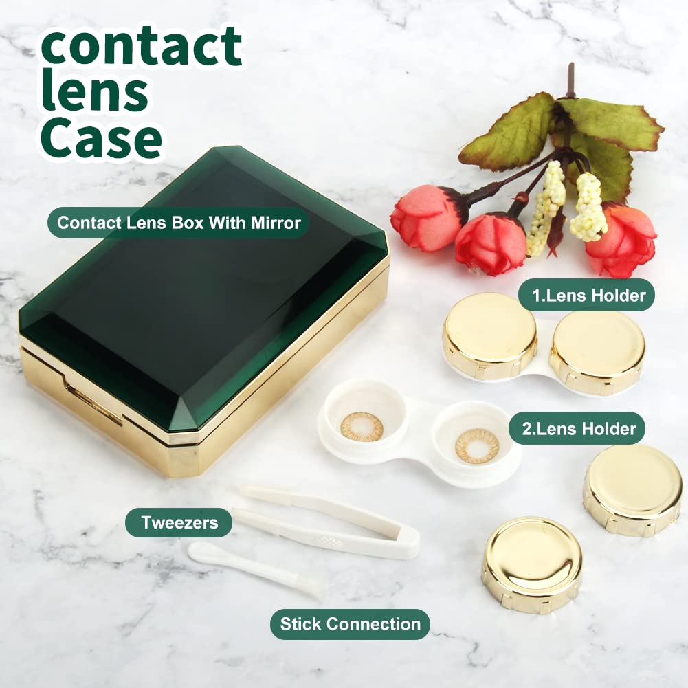 ofone Kontaktlinsen-Etui, 2 Stück Kontaktlinsenhalter-Set mit Entfernungswerkzeug, Pinzette, Spiegel, tragbare Kontakte, Behälter, Aufbewahrungsbox für Reisen (Goldgrün)