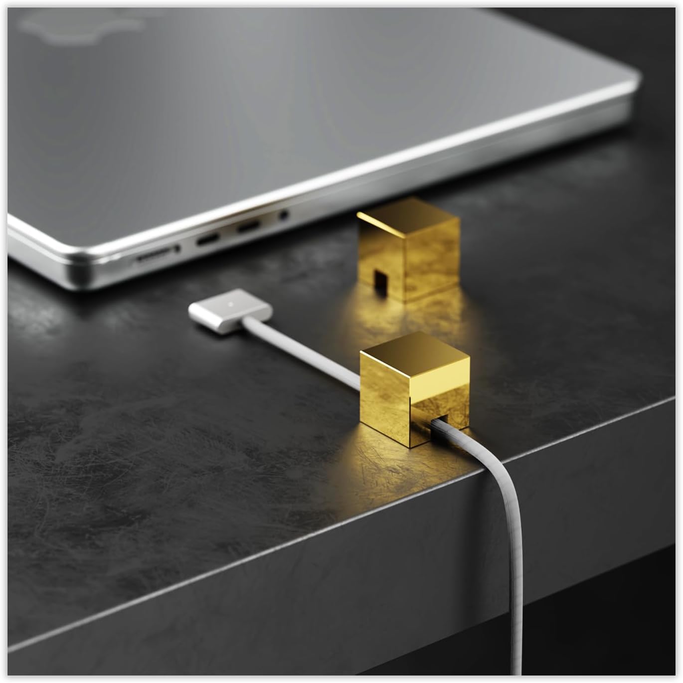 (2 PCS - Gold) Metal Cord Holder, Weighted Cable Organizer or Management, Heavy Wire Keeper for Nightstand, Desk, Bedside Table - N2U Cube Cords Strap for Lightning, USB-C Phone Charger Cables