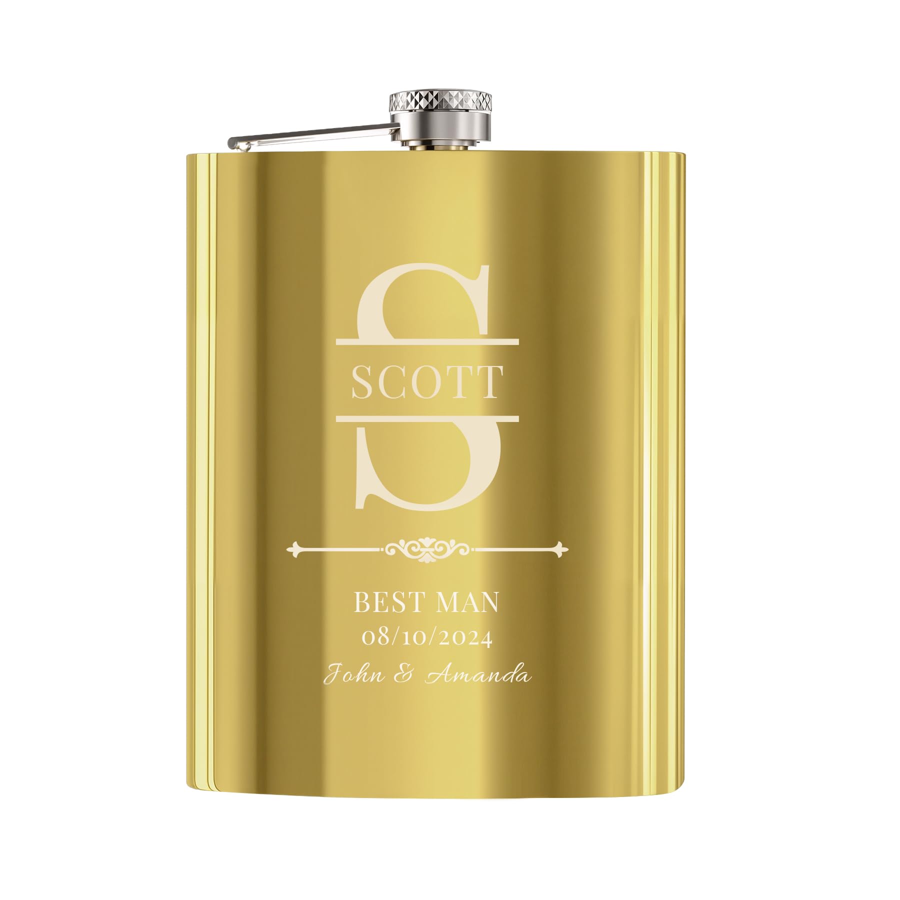 Flasque a Alcool Personnalisé, Flasque Whisky Inox 304 8oz/227ml Personnalisable, Cadeau Personnalisé Homme avec Texte pour Témoins du Marié Groomsman, Cadeau de Mariage (Doré