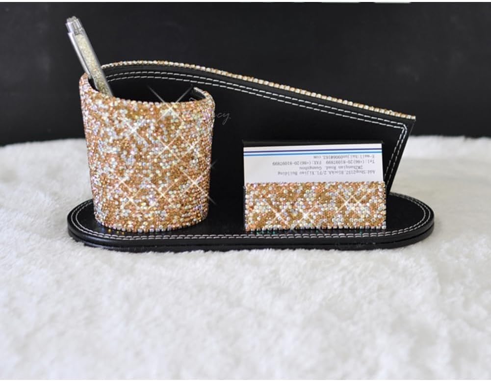 Bling Handmade Crystal Ornaments for Car Dashboard PU Leather Decoration & Container for Name Card
