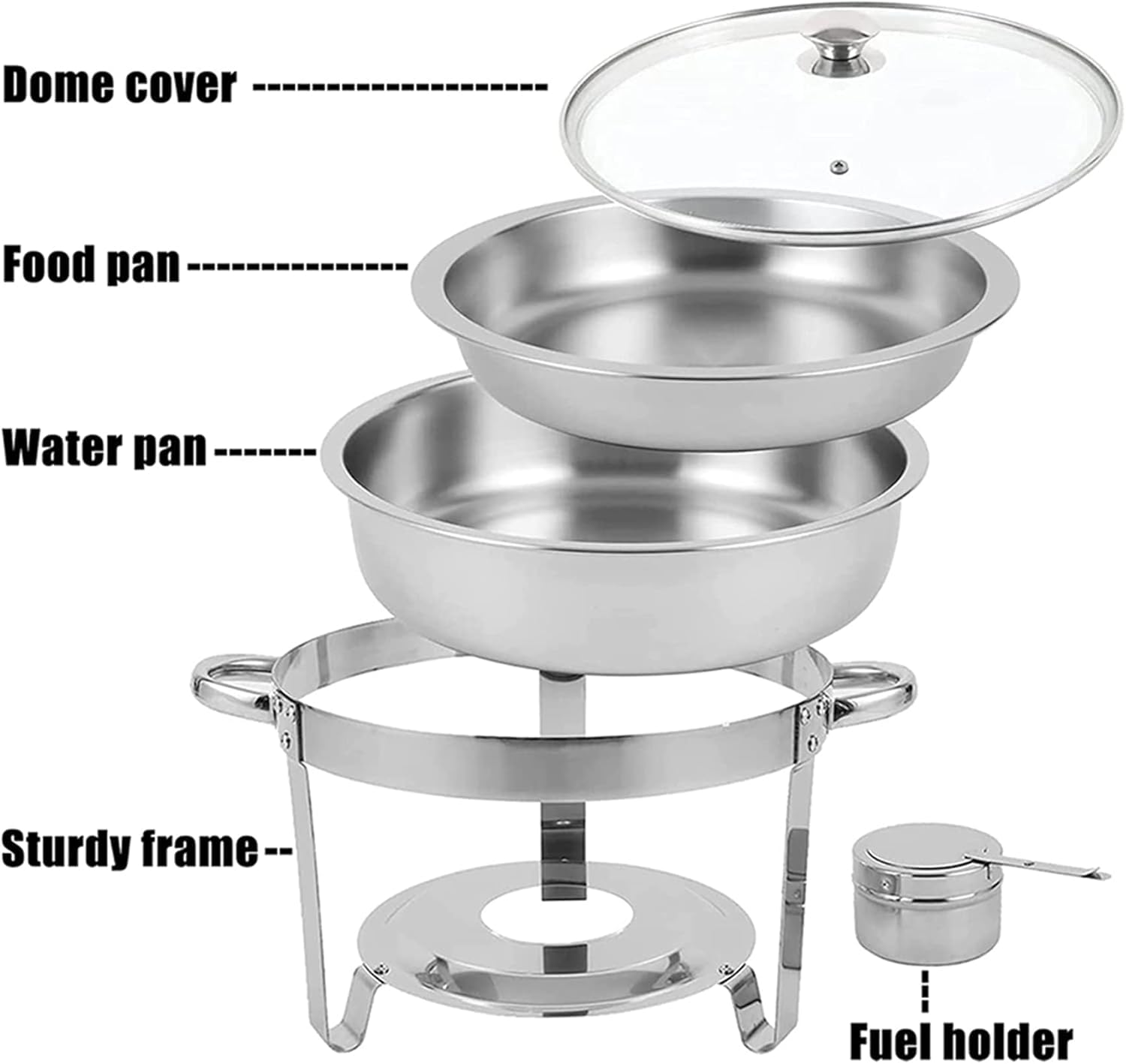 Lid 4.5 Litre Cibo Scaldabagno Catering, Acciaio Inossidabile Rotondo Buffet Chafing Piatto Vetro, Chafing Dish Catering Buffet Warmer Set, per feste, buffer e scaldavivande con coperchio set