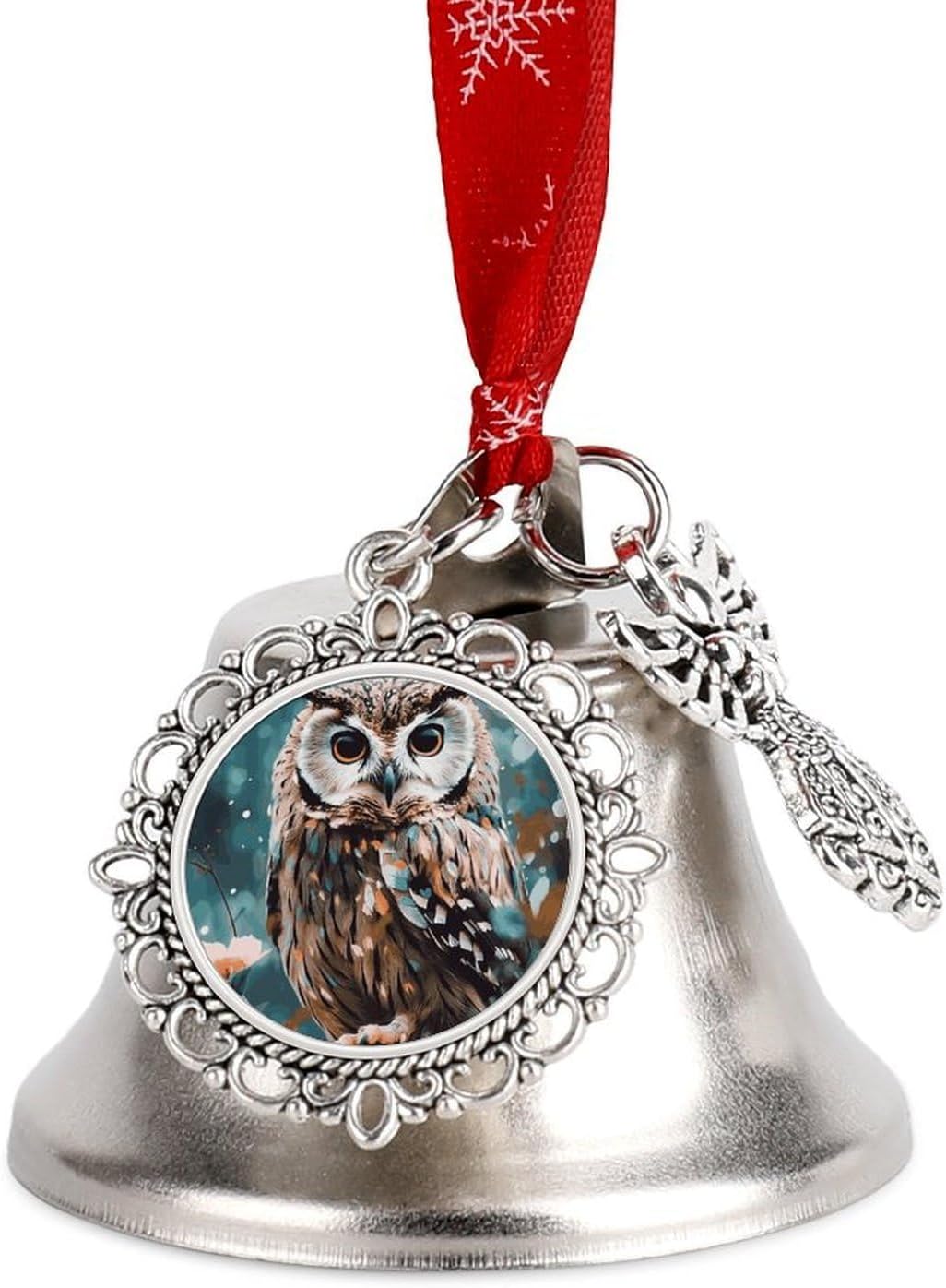 Animal Cute Owl Christmas Bells Ornaments with Wings & Heart Silver Bell Pendant for Christmas Tree Home Door Mantle Fireplace Decoration