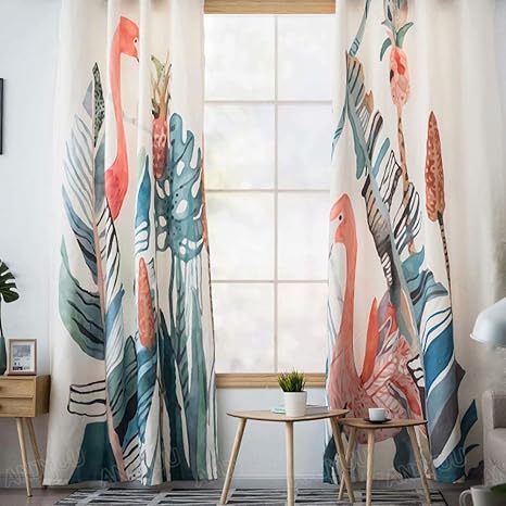Amazon Anjyuu カーテン 北欧風 厚手 モダン フラミンゴ リビング ベランダ レール適用 フック タッセル付き 引越し 新築 祝い 1 5倍ヒダ 125 125cm 2枚入り カーテン オンライン通販