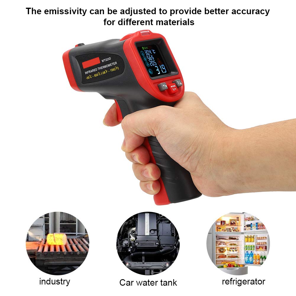 WT323D Berührungsloses Infrarot-Thermometer mit Farb-LCD-Display – Temperaturbereich -50 bis 850 Grad Celsius und -58 bis 1562 Grad Fahrenheit – einstellbarer Emissionsgrad und