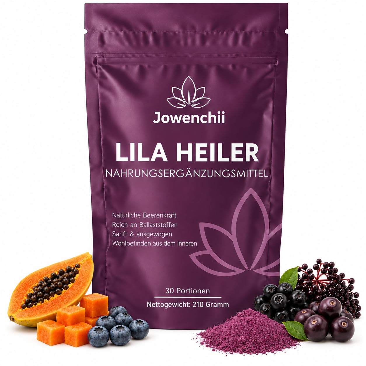 Lila Superfood Pulver Helfer 210 g – Grüne Entgiftungspulver Leben mit 8 Bakterienkulturen + Enzymen + Ballaststoffen (Inulin, PHGG, FOS) | Vitamin D3, B12, Zink, Selen | Vegan, zuckerfrei, fruchtig