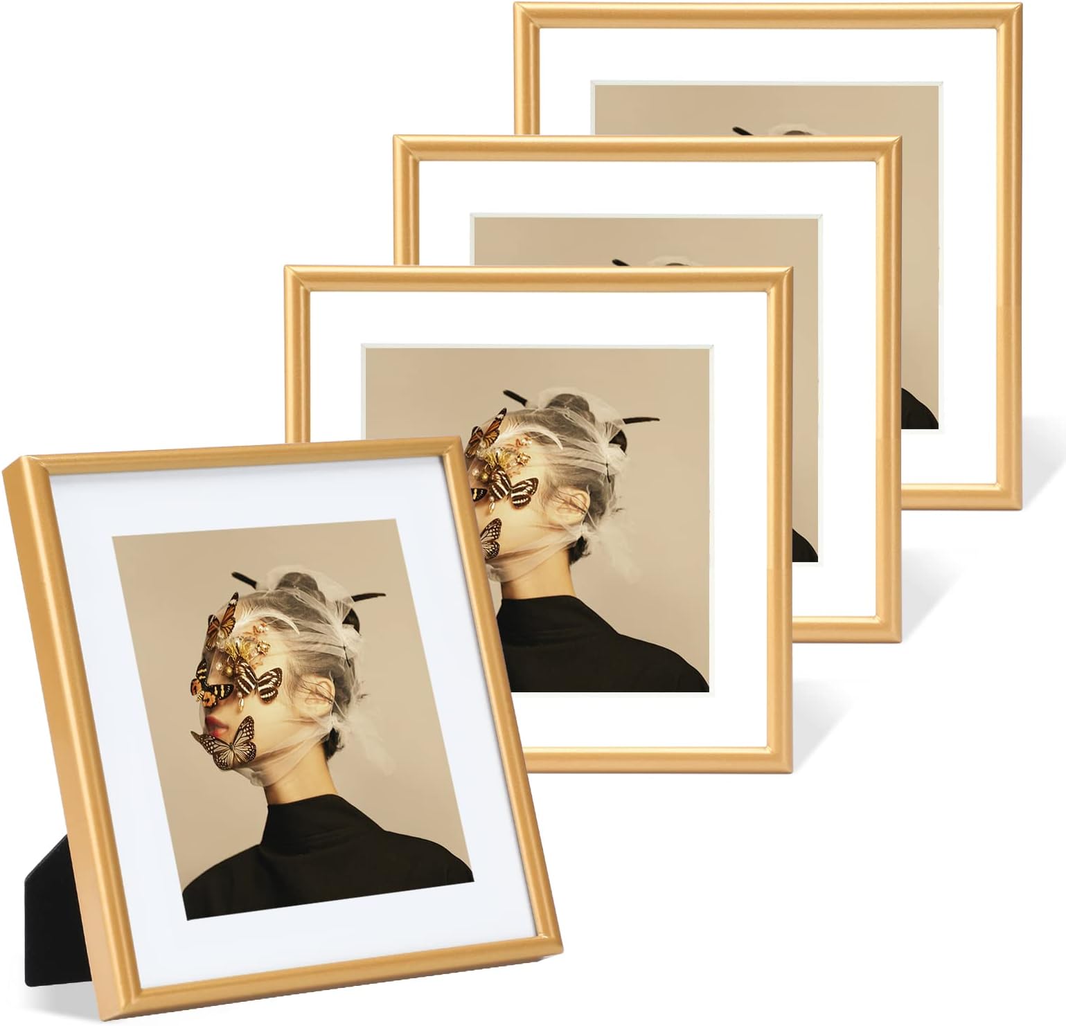 4x4 Picture Frame Set of 4, Matted Gold Simple Modern Brushed Thin Aluminum Metal Square Photo Frame Fits 3x3 with Mat or 4 x 4 without Mat Display For Tabletop or Wall Collage