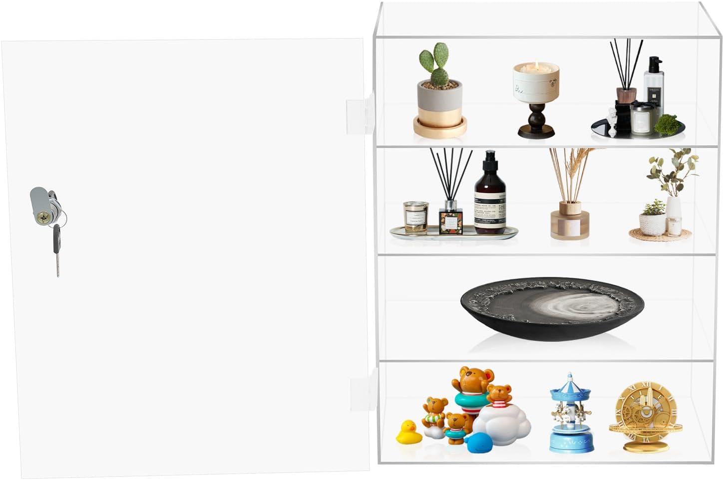 4 Tier Lockable Acrylic Display Cabinet Countertop Acrylic Display Case Well Sealed Clear Showcase Display Cabinet with Lock and Keys for Mini Figures, Cosmetics, Collectibles