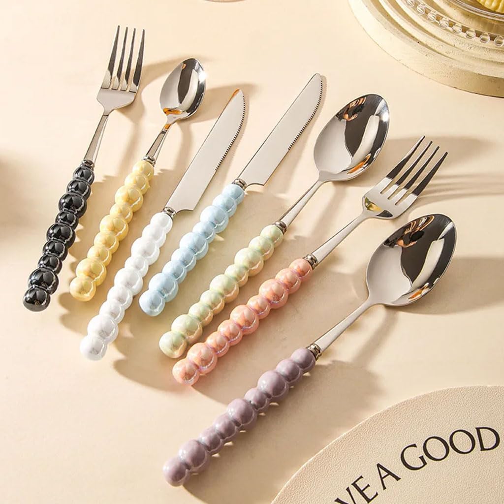 Knife Fork Spoon Ceramic Handle Cutlery Set 2/4Pcs Silverware Set Stainless Steel Tableware Set Mirror Polished Dinner Forks,Blue-3 Pack,Black-2 Pack