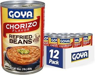 Goya Refried Beans with Chorizo, 16 oz Cans (Pack of 12) - Authentic Mexican Flavor, Gluten-Free, Protein-Packed
