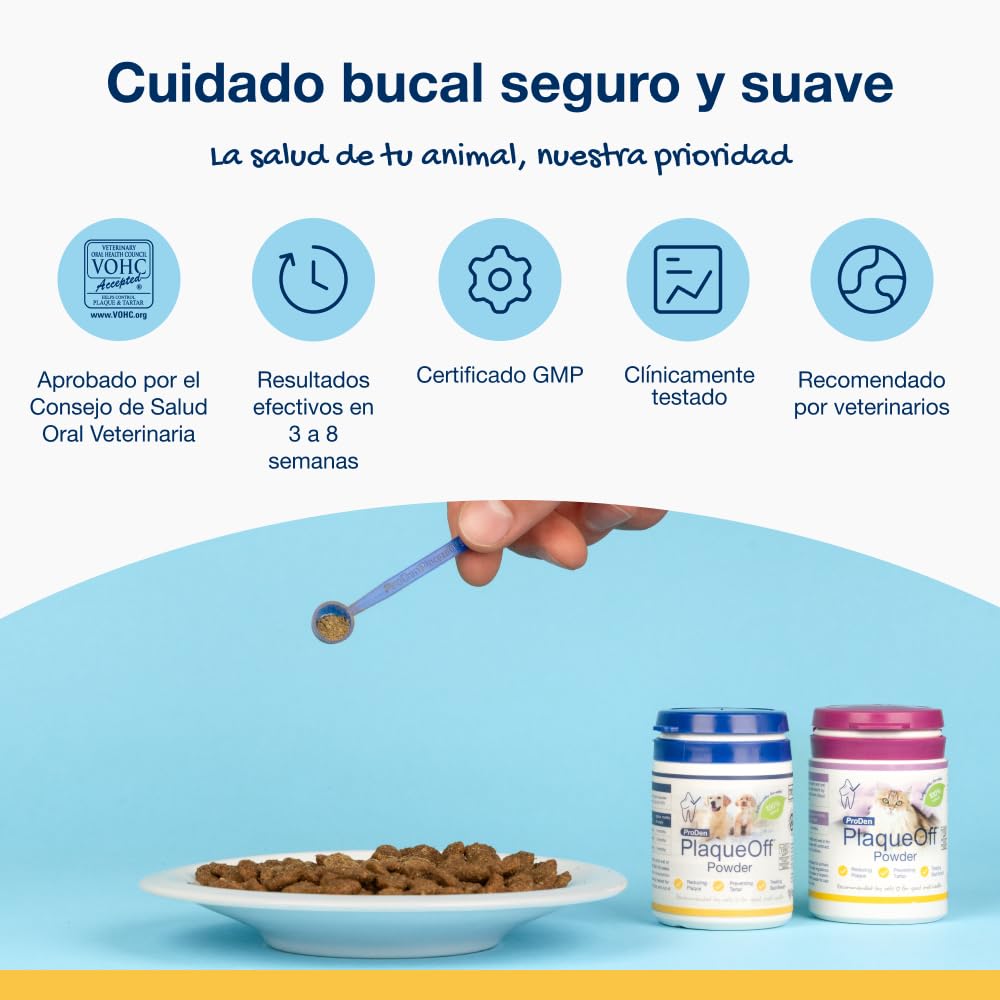 ProDen PlaqueOff Perros y Gatos en Polvo 60g, Limpieza Dental con 100% Alga Natural, Limpiador de Sarro Dental y de Placa, Elimina Eficazmente el Mal Aliento en Mascotas, Hasta 6 meses de duración