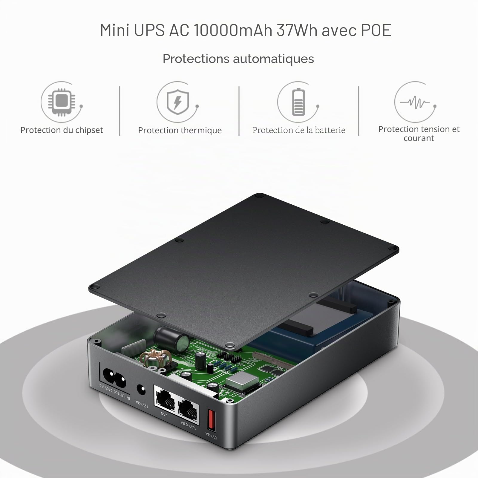 Mini onduleur avec Gigabit PoE pour WiFi, routeur, modem, caméra de surveillance, entrée CA, sortie 5 V, USB, 12 V CC, 48 V PoE
