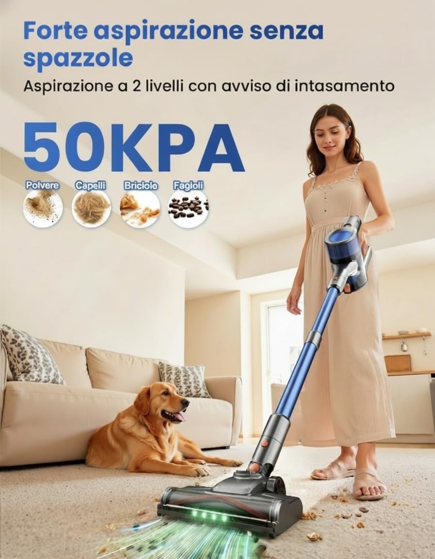 Dzaki Aspirapolvere Senza Fili, 45KPa 50Mins Scopa Elettrica Senza Fili con Autoportante, Display LED intelligente,Leggero aspirapolvere ricaricabile antigroviglio,Potente per Pavimenti