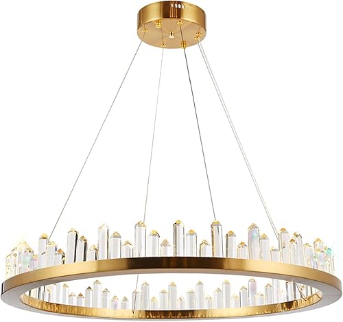 Lámpara de araña redonda moderna de cristal D24 pulgadas con anillo dorado, lámpara de techo ajustable LED, latón dorado, YM-FBA-BS1806G