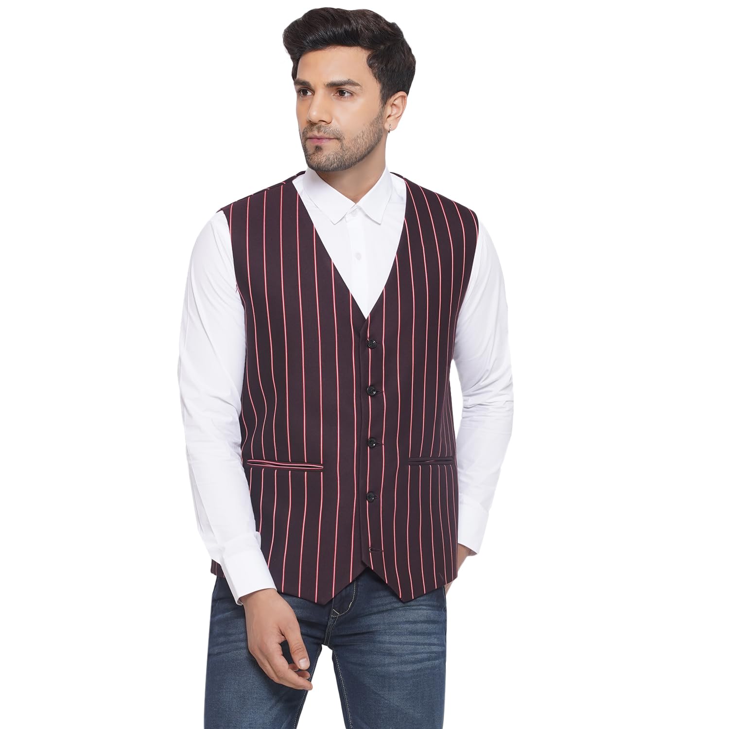 Cotton Poly Striped Waist Coat for Men (Maroon)-image-40
