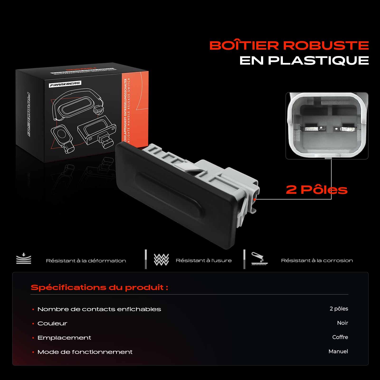 Frankberg Interrupteur de poignée de hayon, verrouillage de porte de hayon | bipolaire; 906069264R; Compatible avec: M.e.g.a.n.e IV Hatchback B9A/M/N, Talisman LP, Scénique IV J9