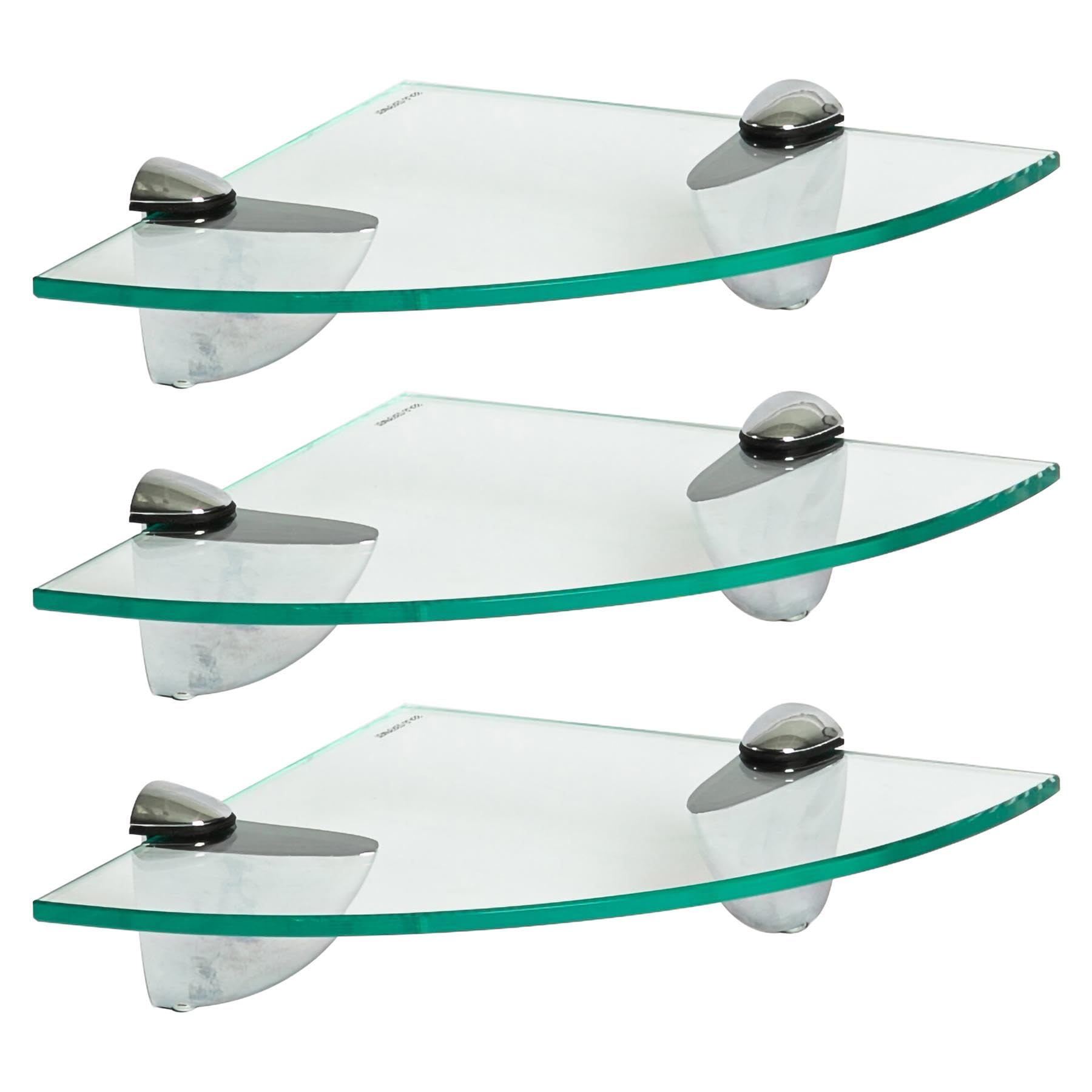 Harbour Housewares Floating Glass Wall Corner Shelves - 20cm - Pack of 3 - Shelving Storage Vanity Display Shelf Unit with Silver Brackets for Bathroom, Shower, Kitchen, Living Room