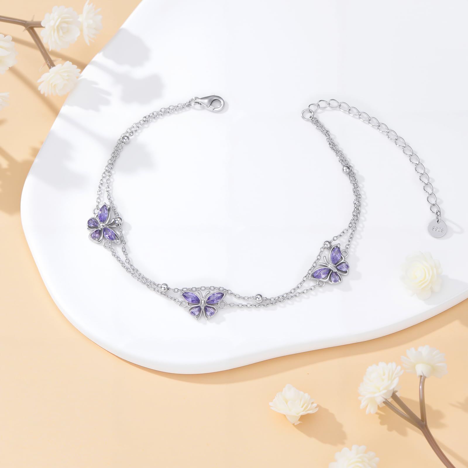 PROESS Schmetterlings Armband 925 Sterling Silber Glieder lila Doppel Armband Schmetterlings Schmuck Geschenke für Frauen Freundin Sie