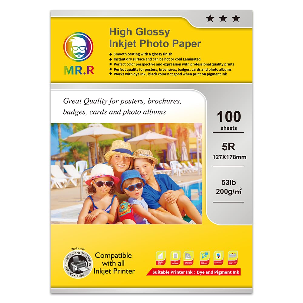 MR.R Single Side High Glossy Inkjet Photo Paper,200gsm 53LB,5R (5''X7'') with 100 Sheets per Pack