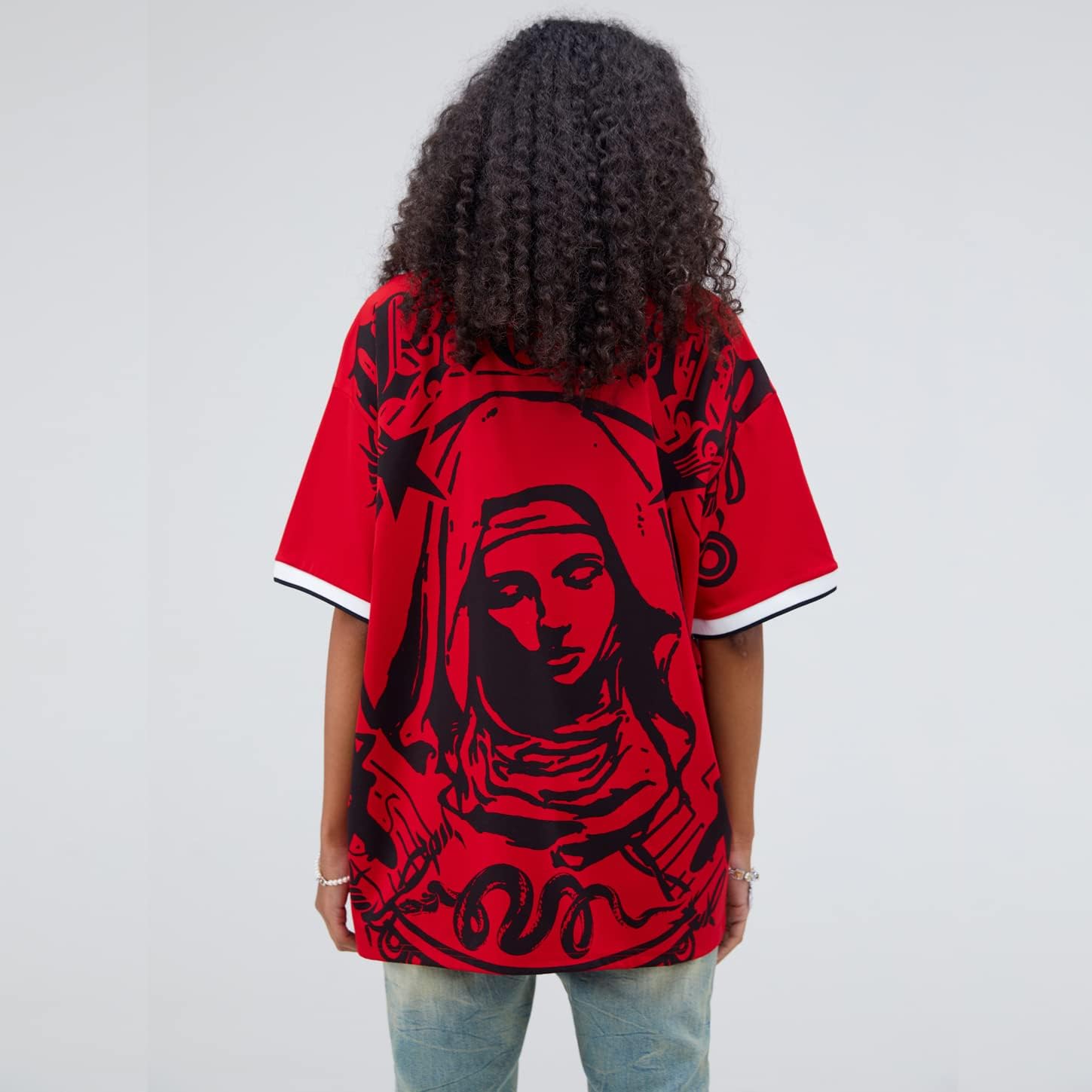 Streetwear Mens Oversized Polo Shirt Virgin Mary Graphic Tops Unisex - Image 4