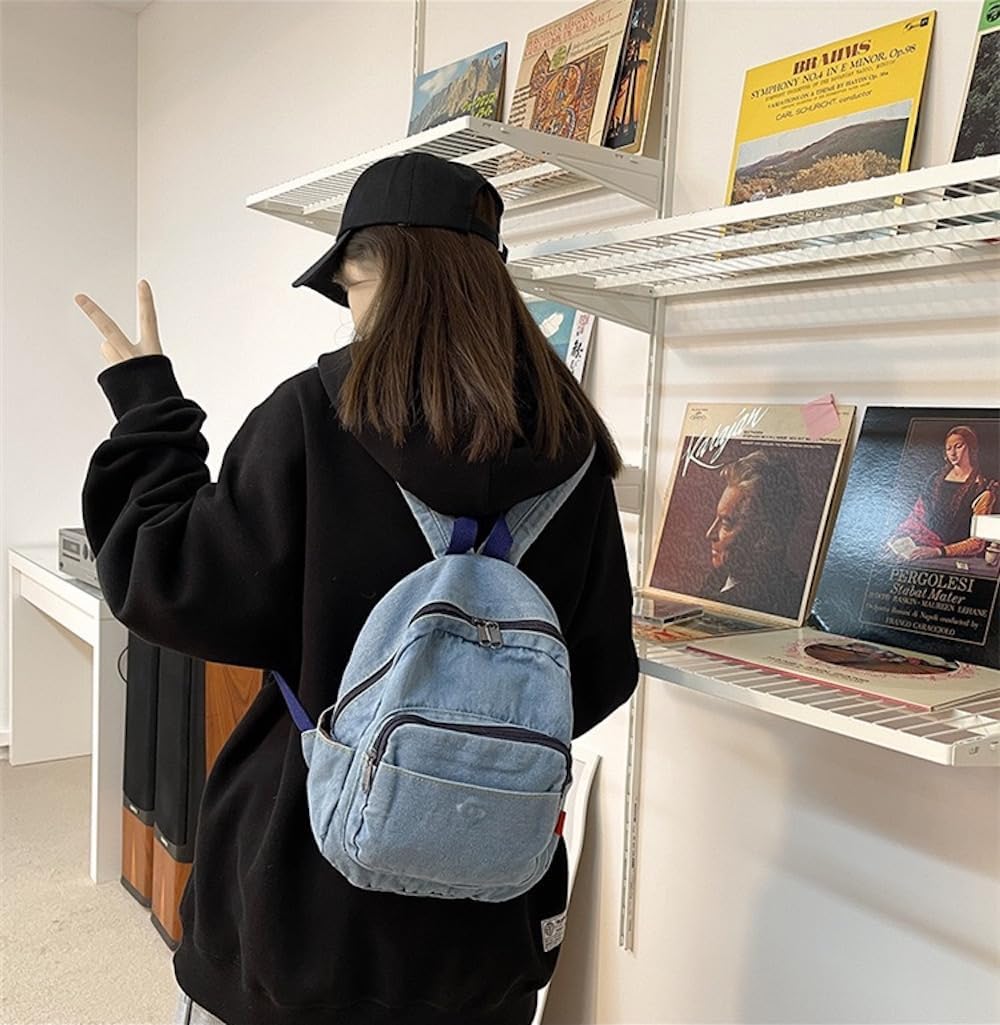 JHTPSLR Small Denim Backpack for Women Vintage Aesthetic Mini Denim Backpack Canvas Backpack Casual Daypack (Light Blue) - Image 5