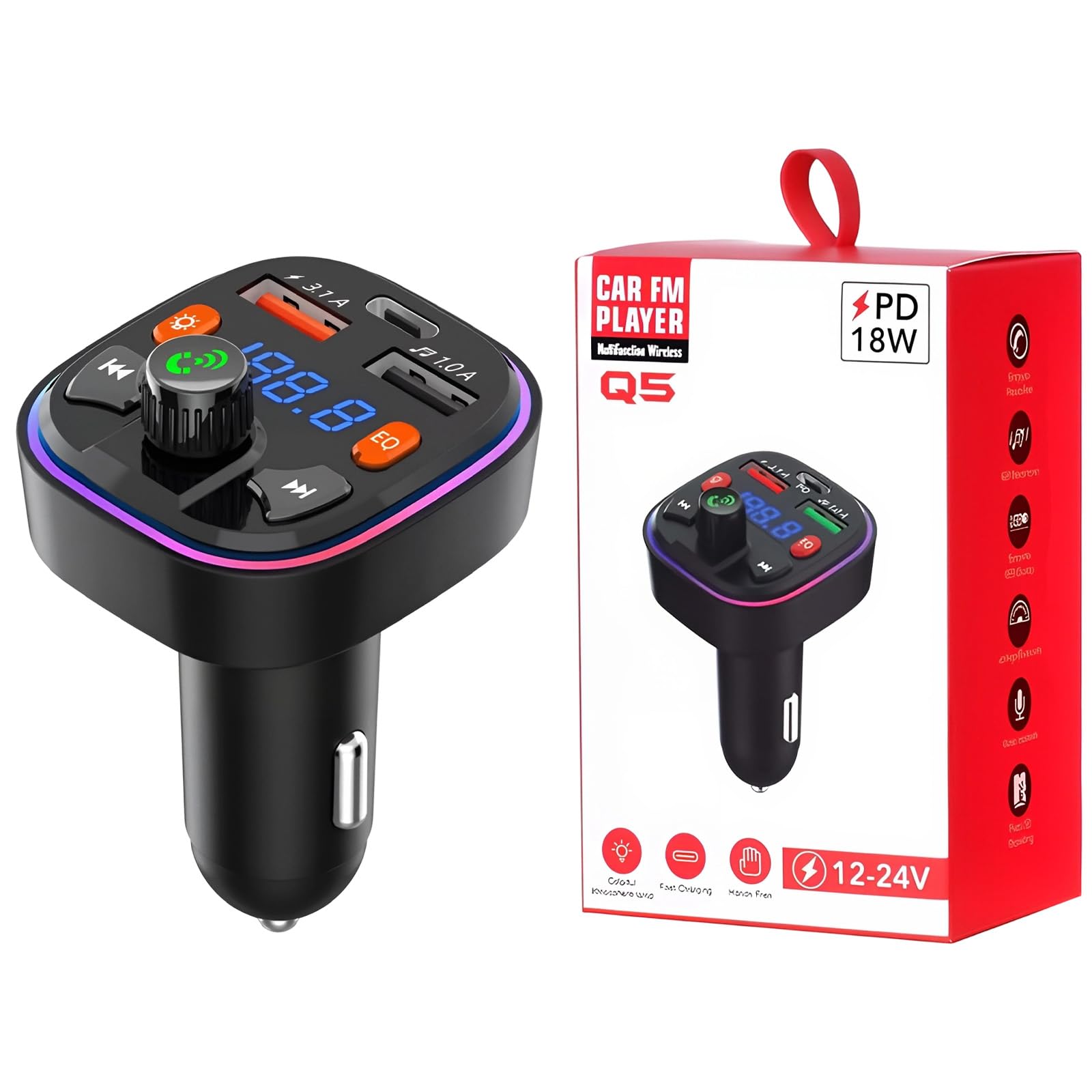 Bluetooth Car FM Transmitter, QC 3.0+Type C 20W PD Fast Charging | Bluetooth Adapter Car Radio, Hands-Free Music Player Car, Hands-Free Calls, MP3 Stereo Music