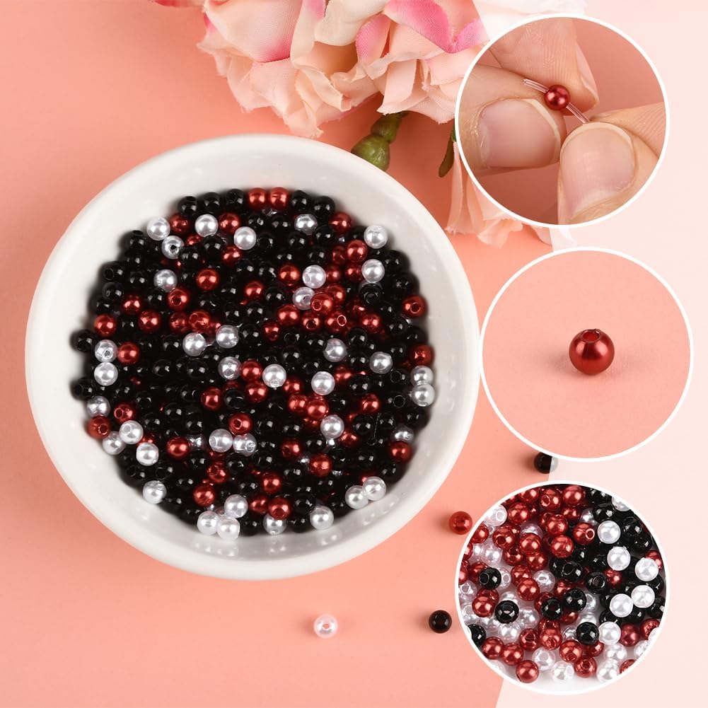 1200Pcs 3 Colors Black Pearl Beads 4mm Acrylic Beads Spacers Red White Colorful Round Ball Imitation Pearl Small Loose Smooth Spacers Findings for Jewelry Bracelets Necklaces Party DIY Crafts image 3