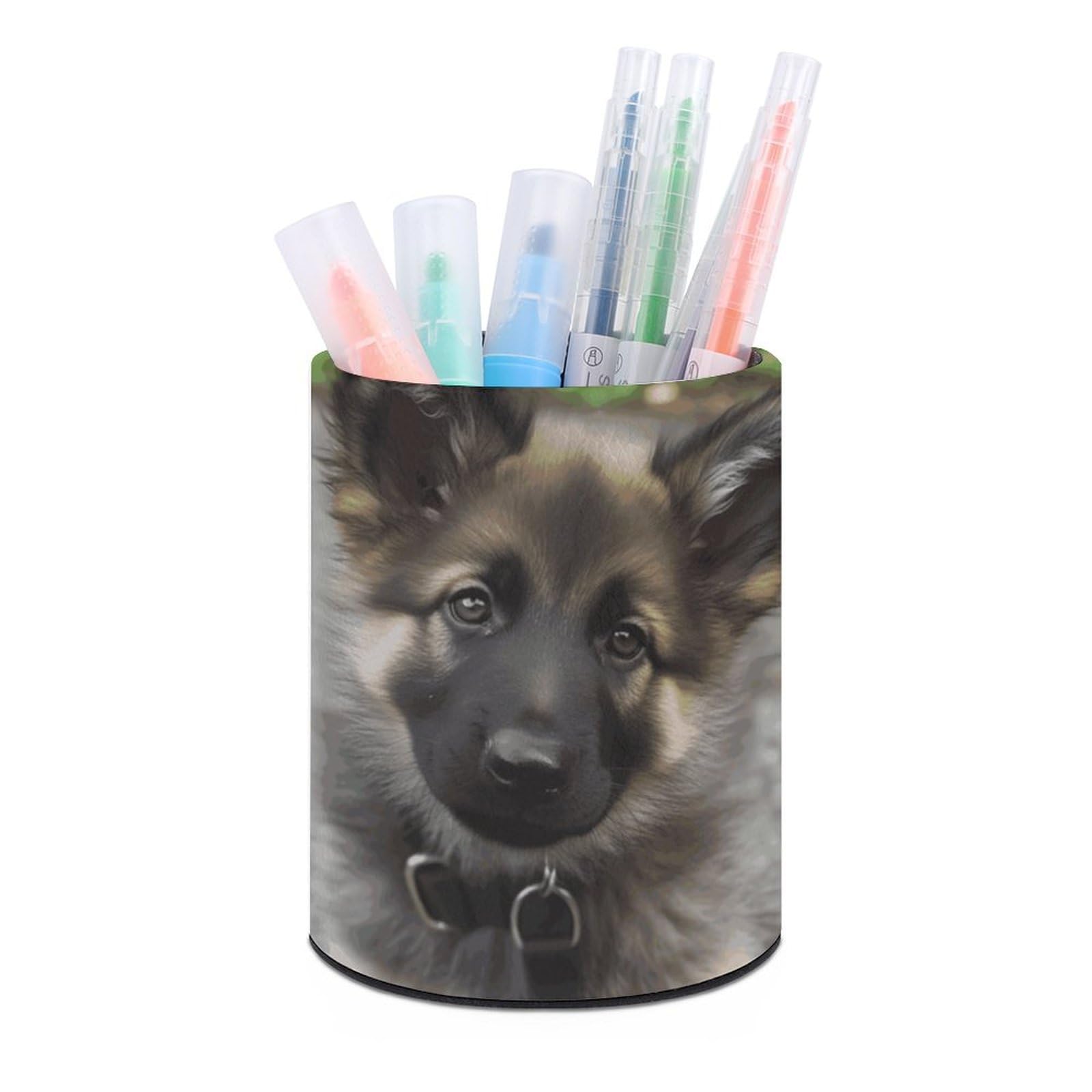 JTREHY Round Pen Holder,Cute German Shepherd Puppy Printed Makeup Brush Storage Box for Home Office Dressing Table
