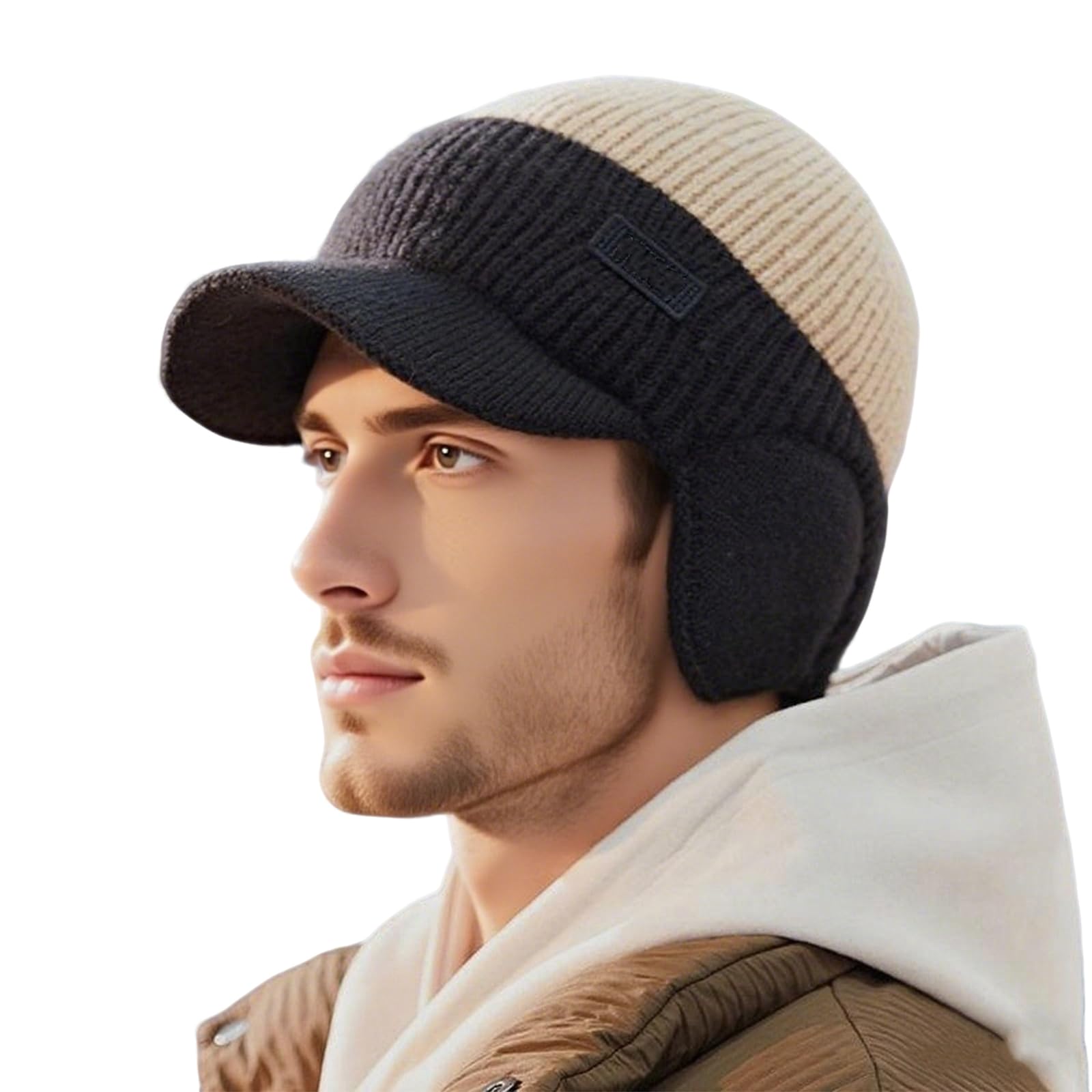 Windproof Thermal Cap with Visor for Men - Fleece-Lined Beanie with Ear Flaps, Ultimate Warmth & Style (Khaki,1pcs)