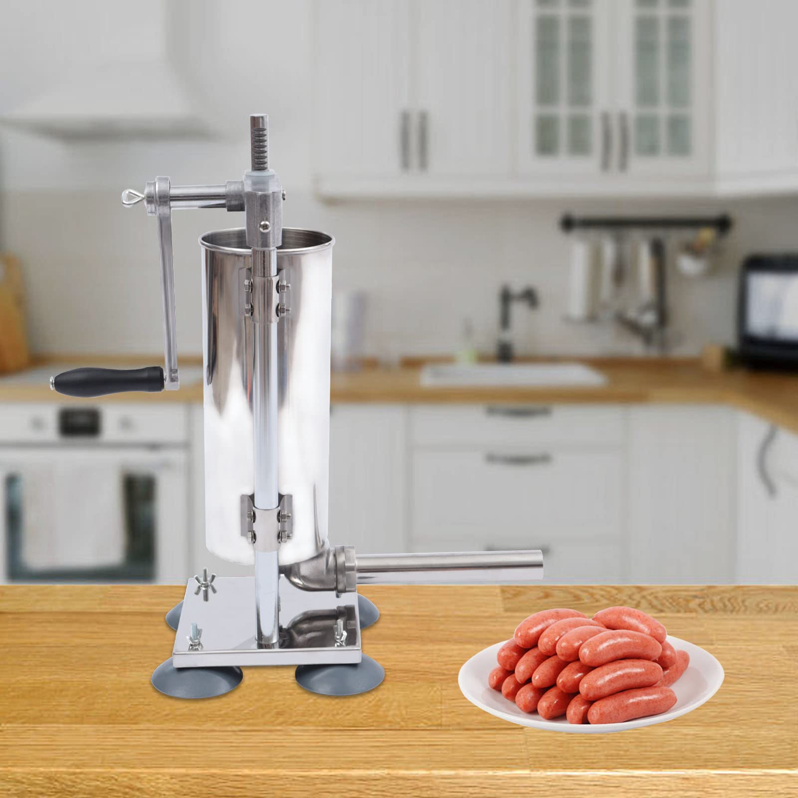 3L Wurstfüller Manuelle Wurstmaschine, Edelstahl Vertikal Handkurbel Wurstmaschine Wurstpresse Sausage Stuffer Machine mit Edelstahlrohre Kunststoffrohre Saugnäpfe für Küche Restaurants