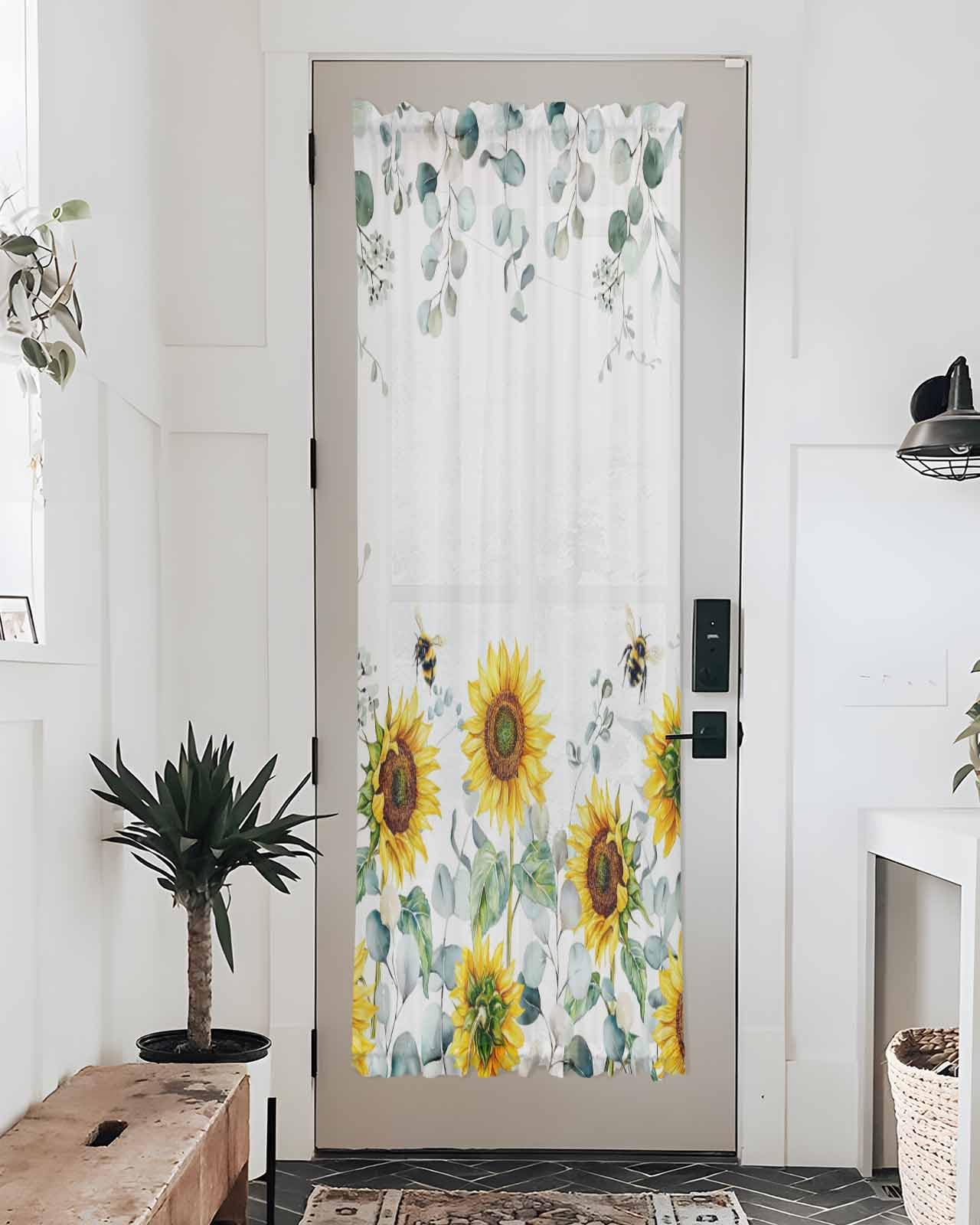 HERBED Sheer French Door Curtain Eucalyptus Leaves Sunflowers Bee Flower Semi Sliding Door Curtains Light Filtering Voile Front Door Patio Glass Door