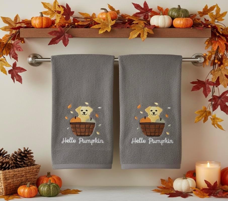 Serafina Home Fall Hand Guest Towels for Bathroom: Dark Grey Embroidered Hello Pumpkin Dog Puppy Design, Set of 2, 100% Cotton