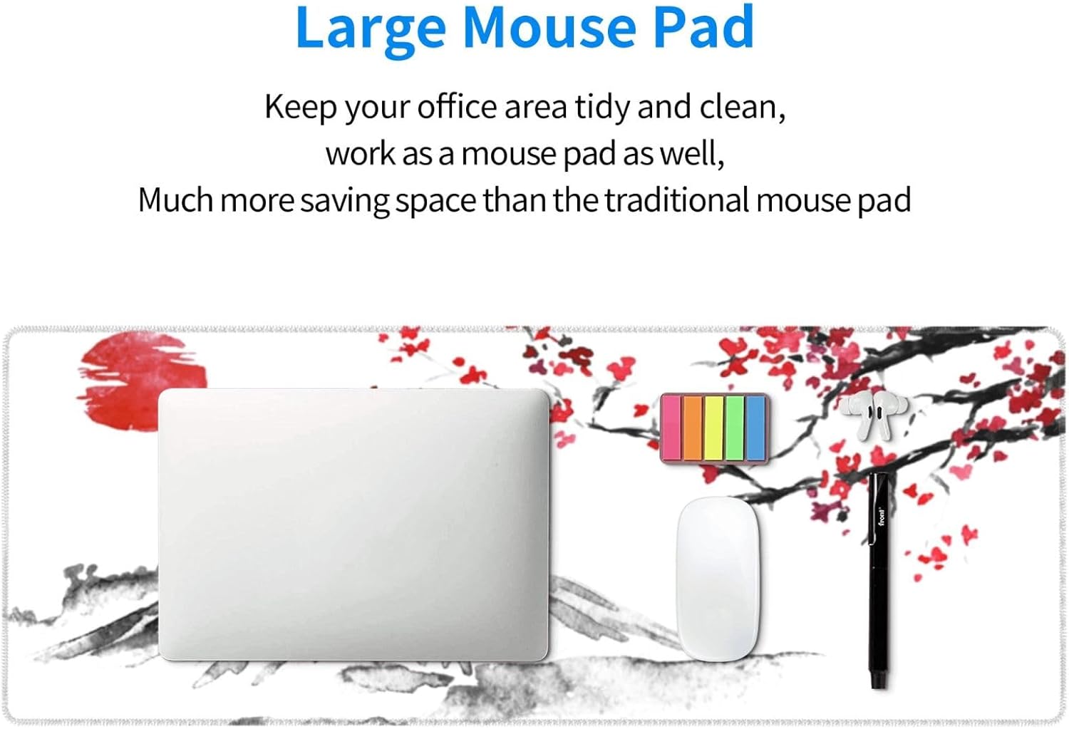 Black and White Japanese Ink Painting Gaming Mouse Pad XXL, 31.5 x 12 inch Large Mouse Pad Mouse Mat Desk Pad, Extended Stitched Non-Slip Rubber Edges Mousepad Mat