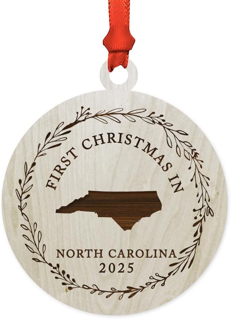 Andaz Press Custom Year Laser Engraved Wood Us State Round Christmas Ornament, First Christmas in North Carolina 2026, 1-Pack, Includes Bag, North Carolina Christmas Ornament North Carolina Ornament